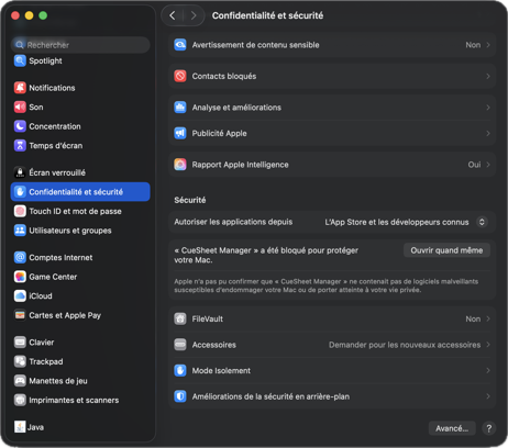 Réglages Système, Confidentialité et sécurité : la ligne CueSheet Manager a été bloqué, avec le bouton Ouvrir quand même