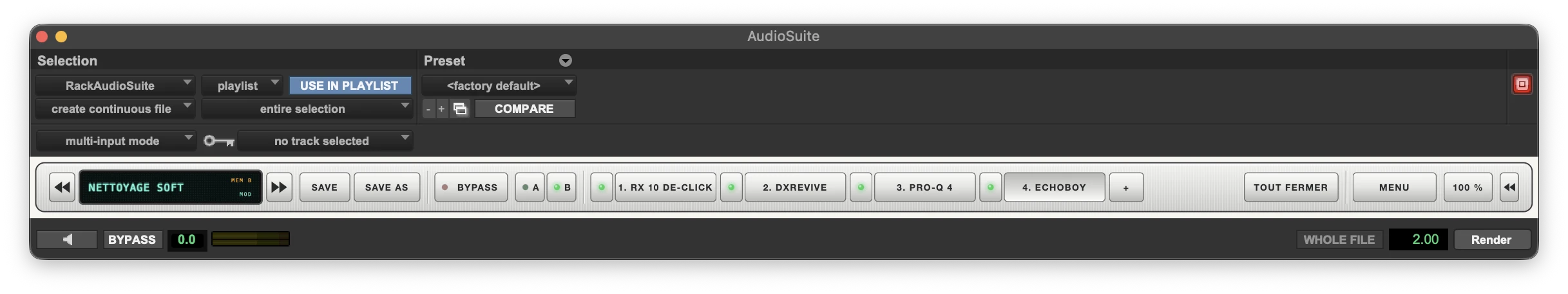 La fenêtre AudioSuite de Pro Tools avec RackAudioSuite : la barre du rack affiche le preset NETTOYAGE SOFT, SAVE et SAVE AS, BYPASS, A et B, quatre plugins en série (1. RX 10 DE-CLICK, 2. DXREVIVE, 3. PRO-Q 4, 4. ECHOBOY), le bouton plus, TOUT FERMER, MENU et 100 %.