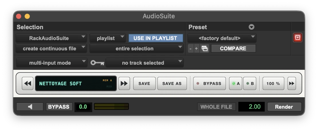 La fenêtre AudioSuite avec la barre du rack réduite : preset NETTOYAGE SOFT, flèches, SAVE, SAVE AS, BYPASS, A et B, 100 %.